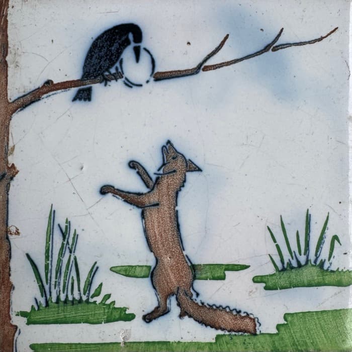 Antique Delft tile depicting a fox and a crow, the Fox & Bird mark